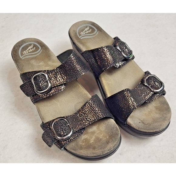 Dansko Sophie Black Gold Metallic Sandal Shimmer Platform 2 Inch Heel 39 8 1/2 - Picture 1 of 10